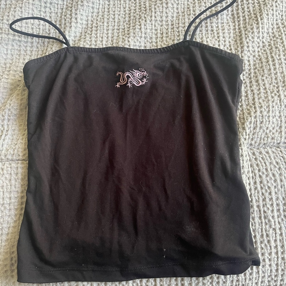 Y2k Belletweed Black Spaghetti Strap Top with Dragon Embroidery